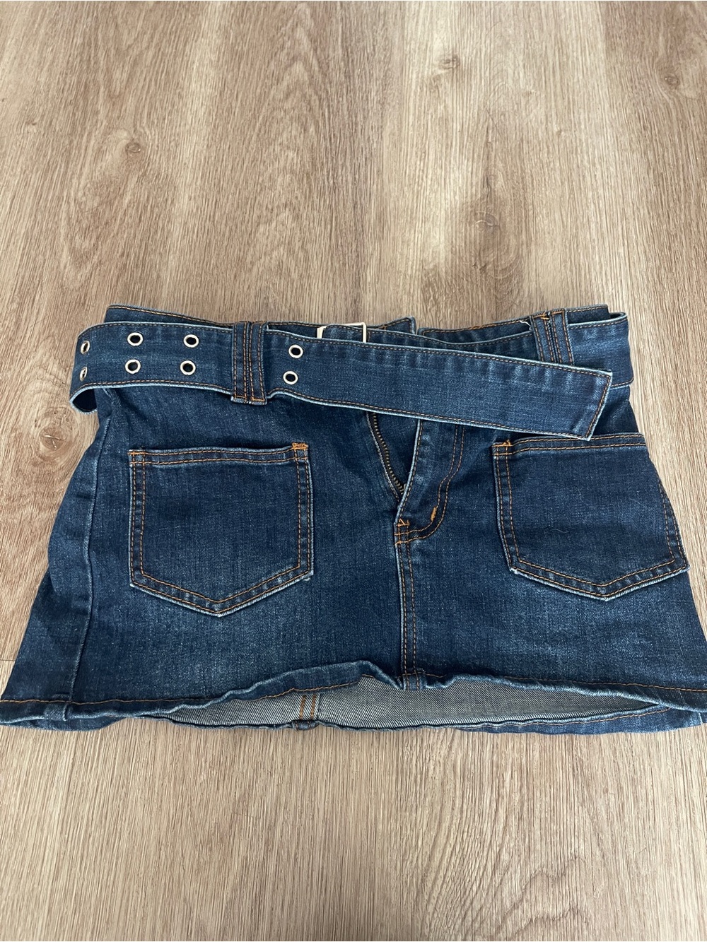 Denim Mini Skirt with Belt - Dark Blue